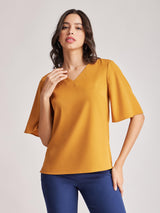 V Neck Bell Sleeves Top - Mustard