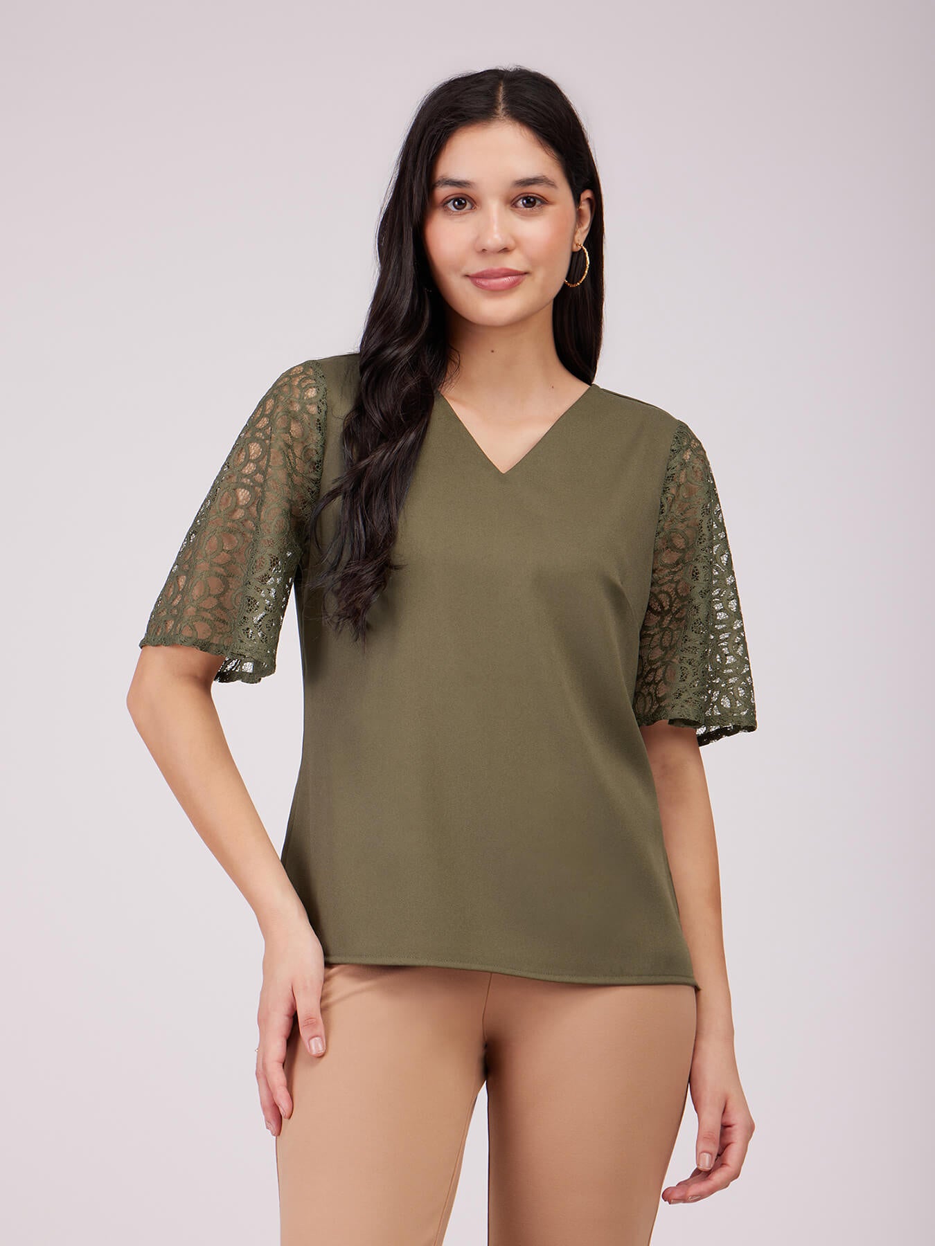 Bell Sleeves Lace Top - Olive
