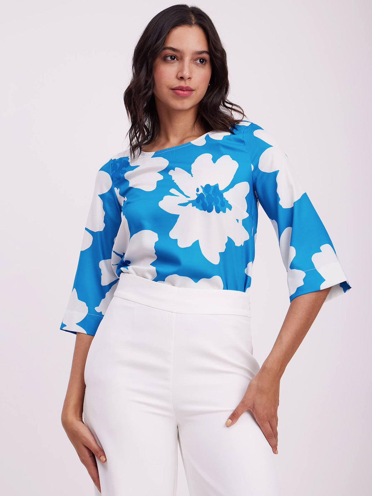 Floral Print Bell Sleeves Top - Blue And White