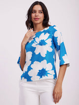 Floral Print Bell Sleeves Top - Blue And White