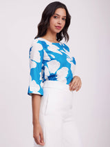 Floral Print Bell Sleeves Top - Blue And White