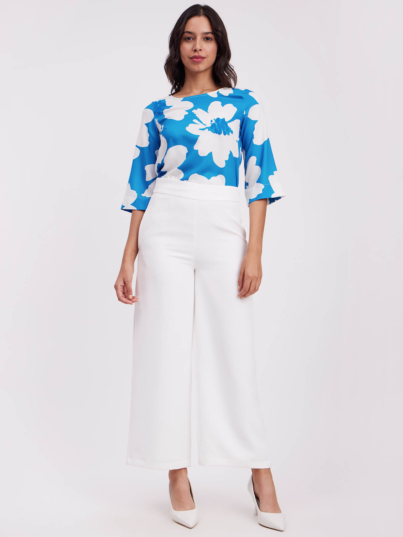 Floral Print Bell Sleeves Top - Blue And White