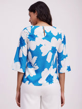 Floral Print Bell Sleeves Top - Blue And White