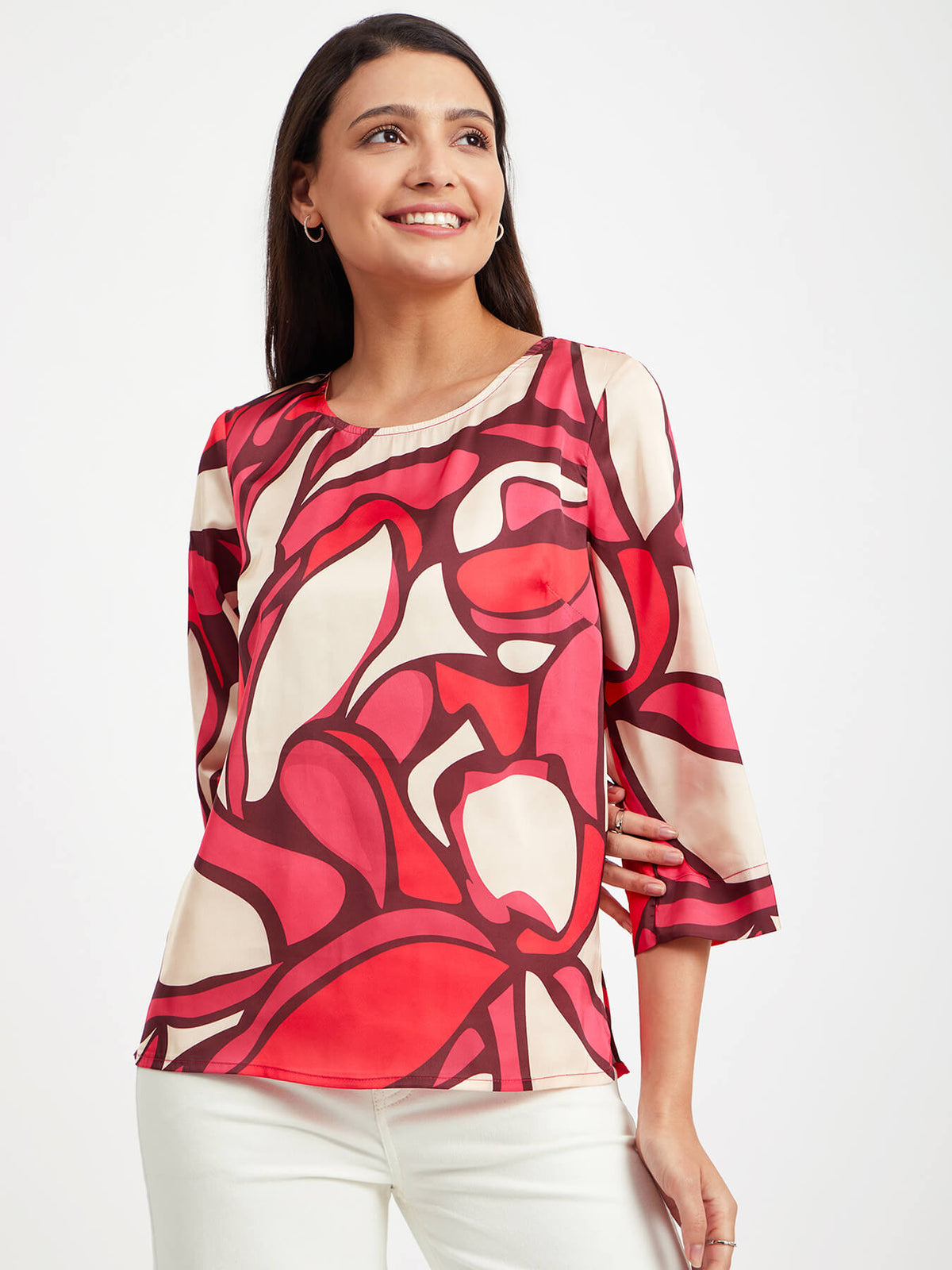 Satin Floral Print Top - Red And Beige