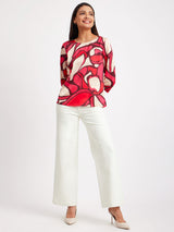 Satin Floral Print Top - Red And Beige