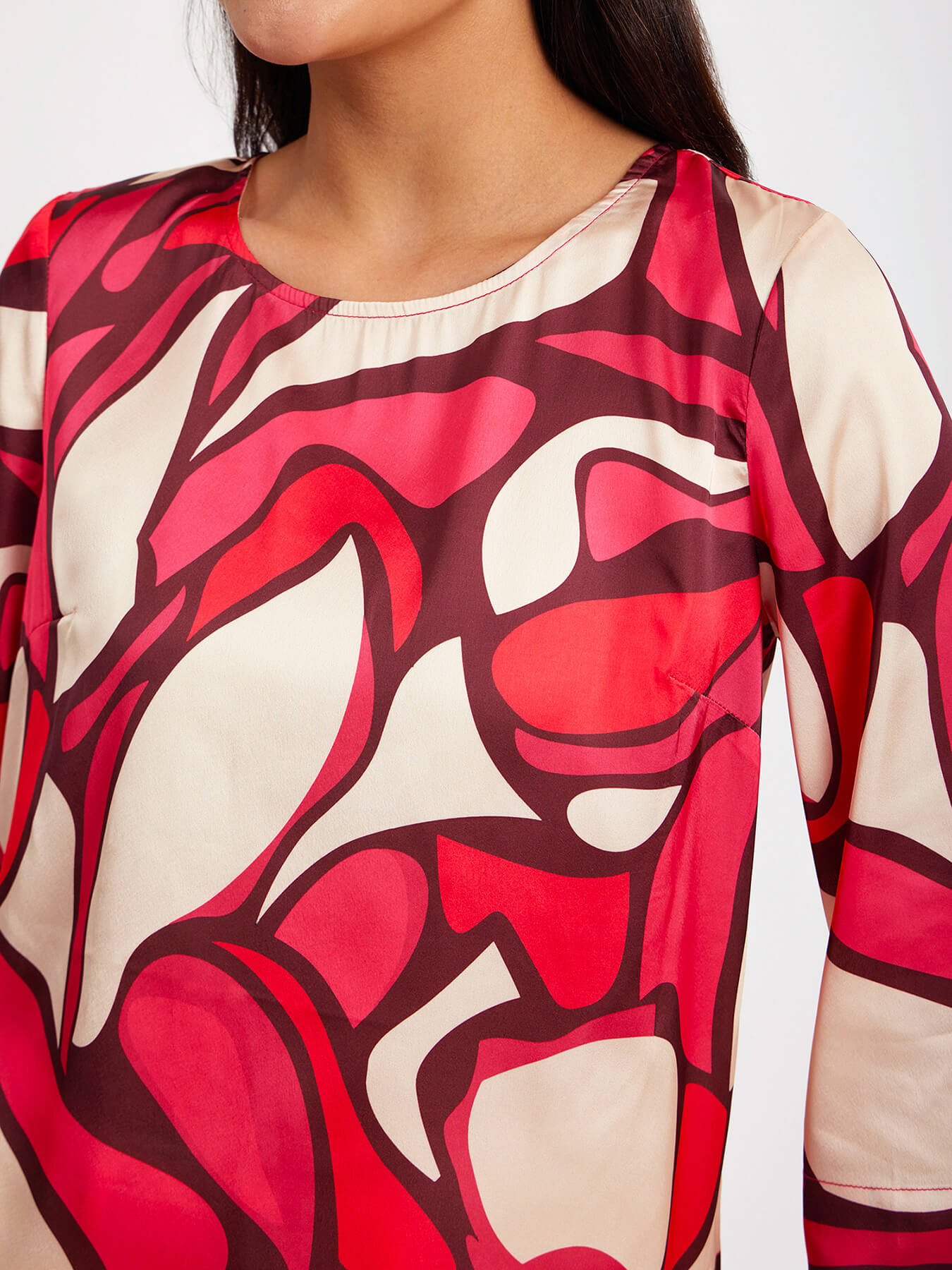Satin Floral Print Top - Red And Beige