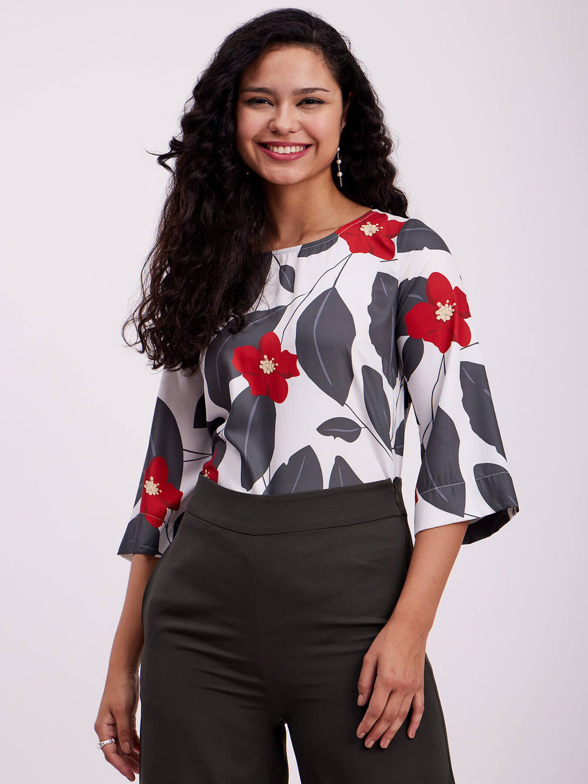Floral Print Round Neck Top - White And Grey