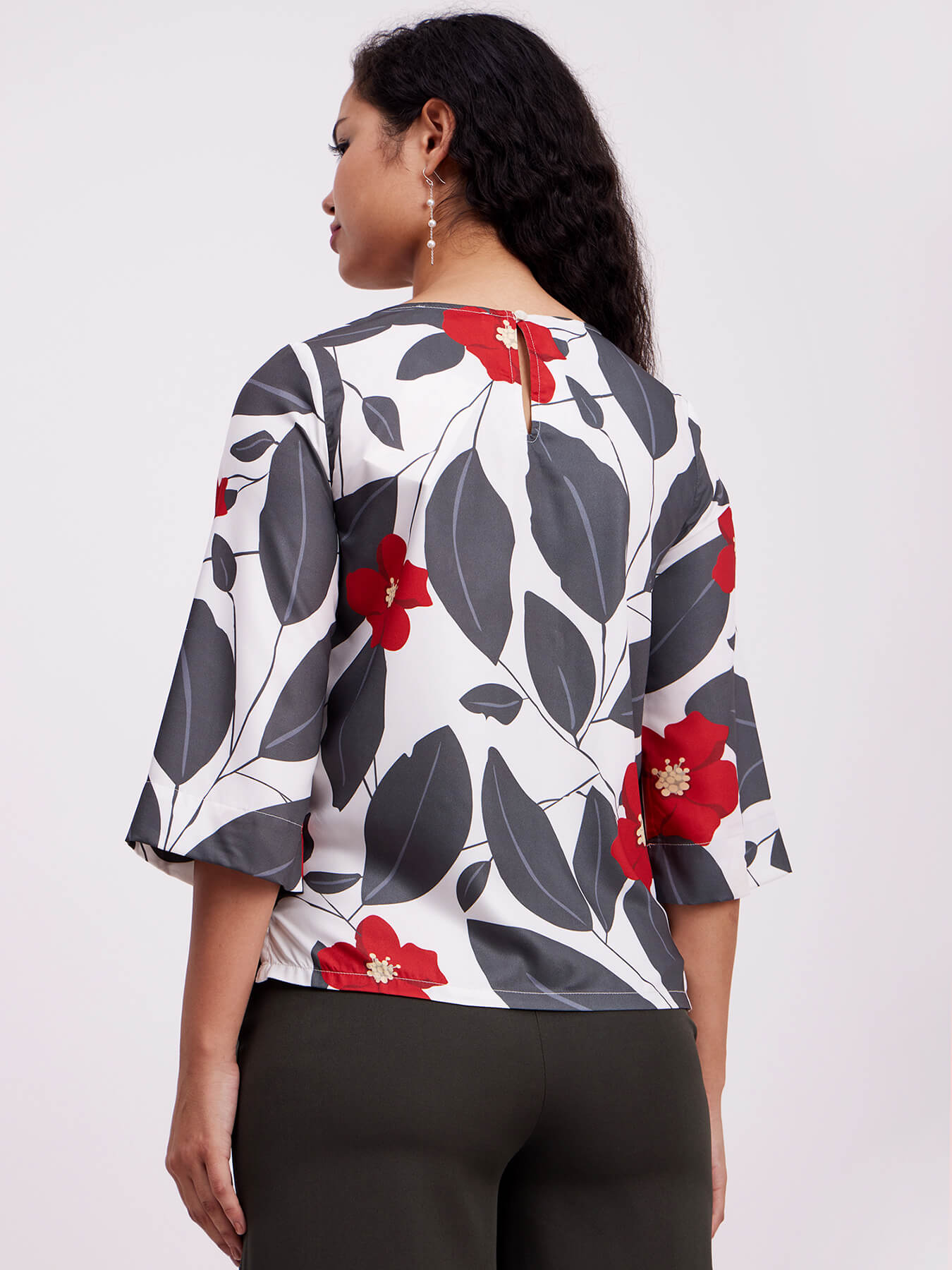 Floral Print Round Neck Top - White And Grey