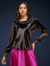 Satin Cowl Neck Top - Black