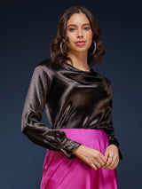 Satin Cowl Neck Top - Black