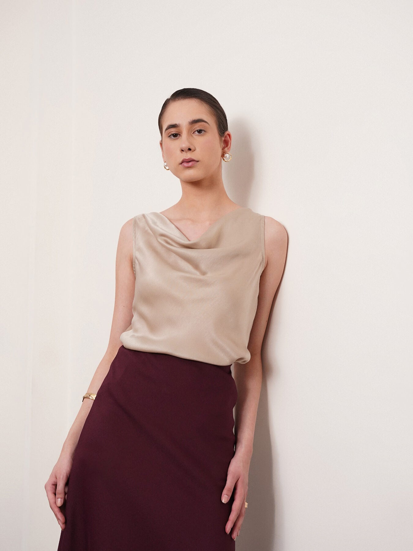 Satin Cowl Neck Top - Beige