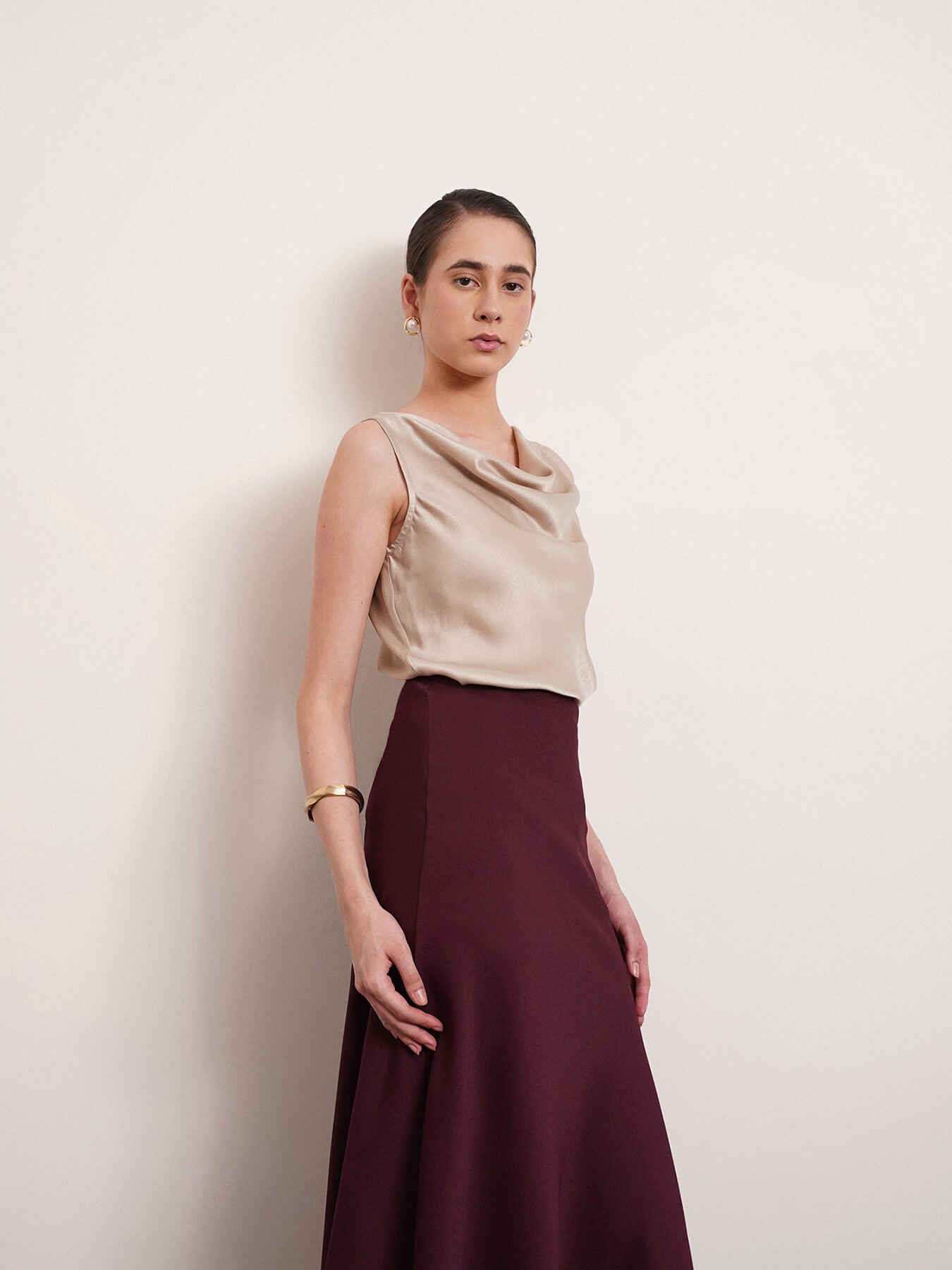 Satin Cowl Neck Top - Beige