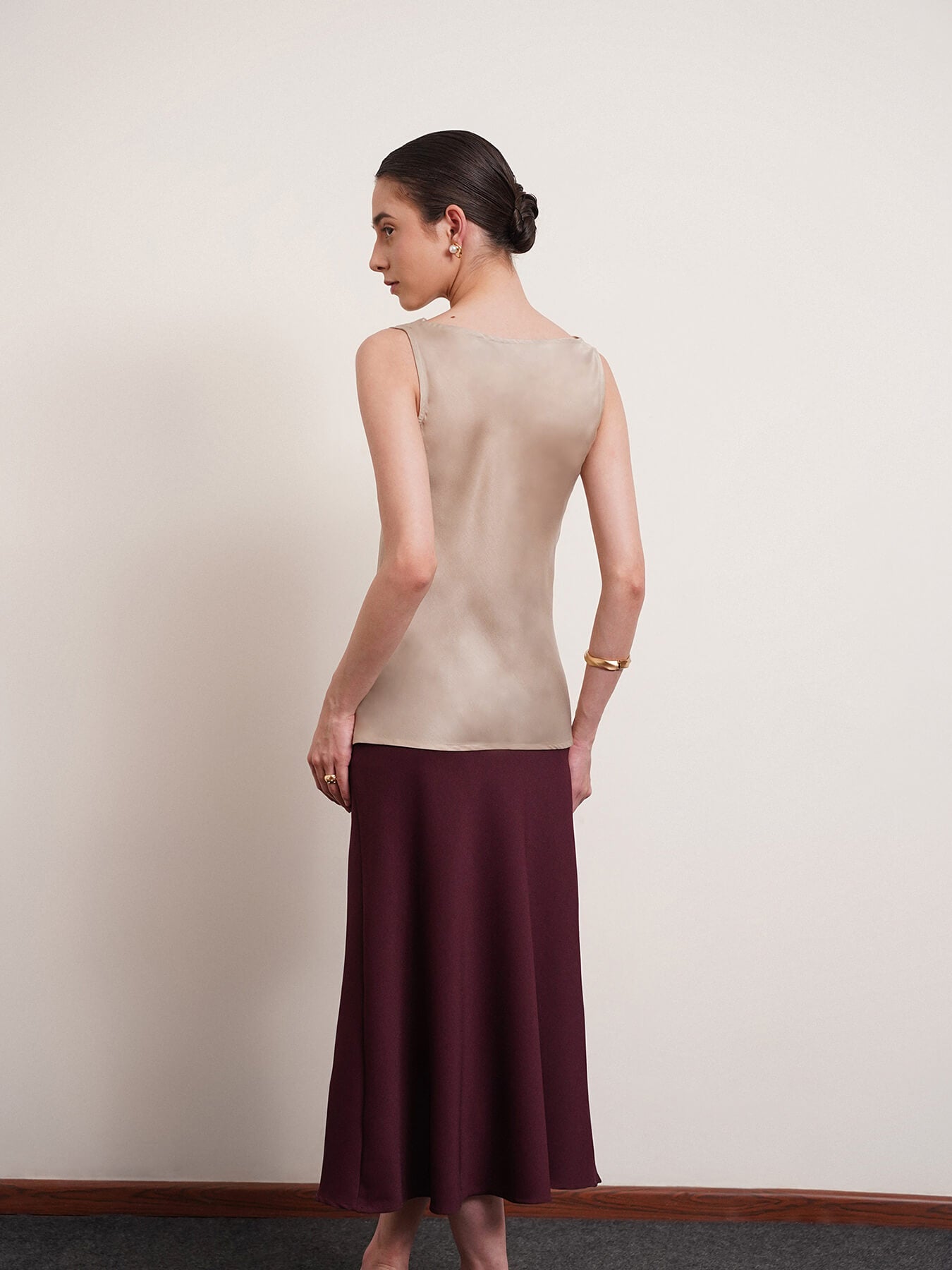 Satin Cowl Neck Top - Beige
