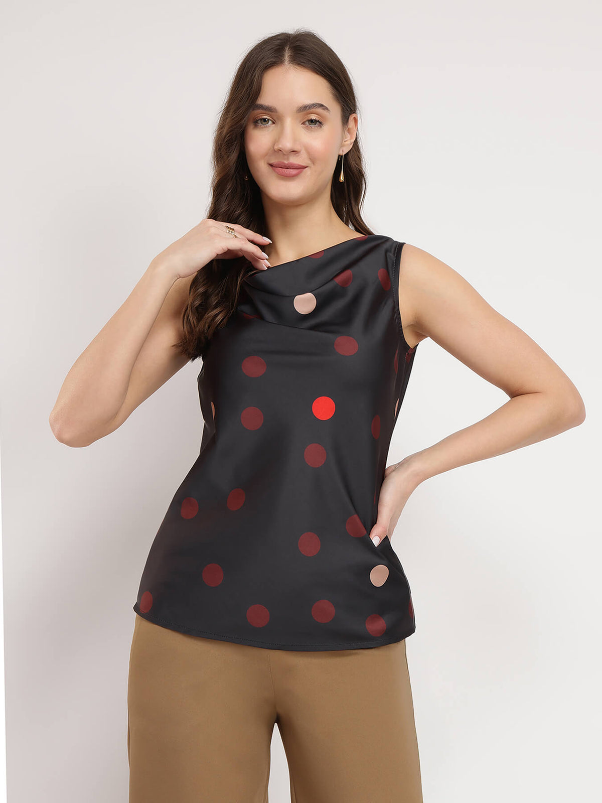 Stretchable Satin Polka Top - Black