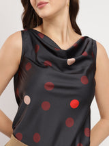 Stretchable Satin Polka Top - Black