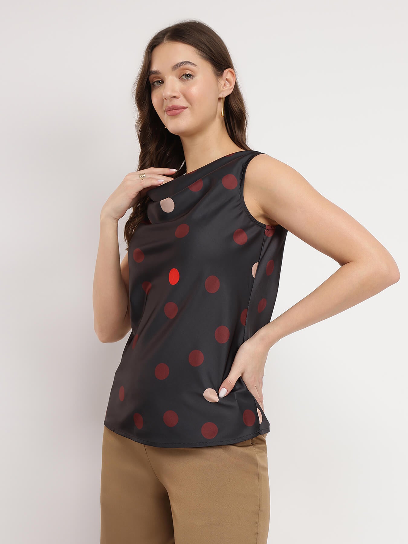 Stretchable Satin Polka Top - Black