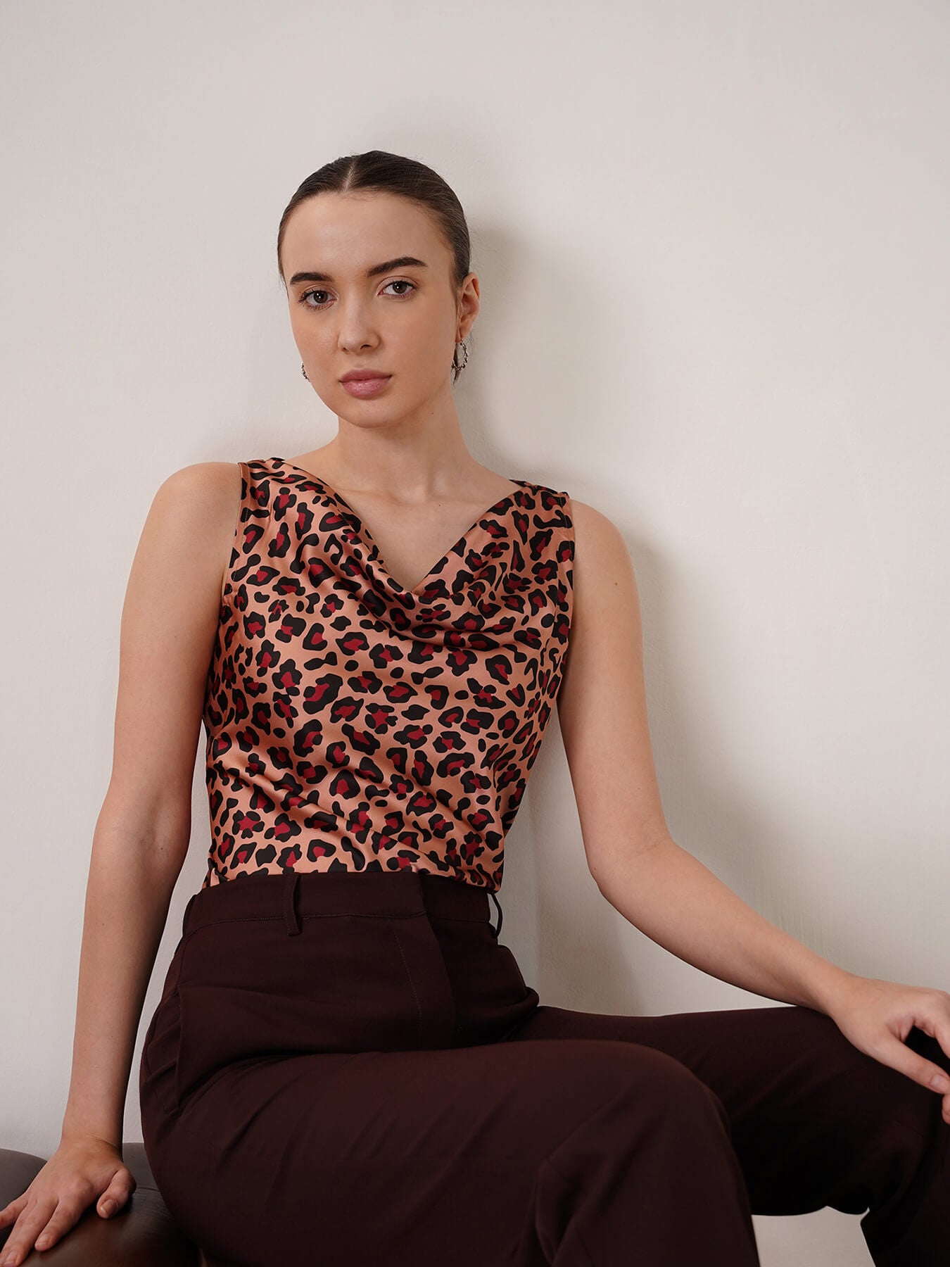 Satin Cowl Neck Top - Brown and Black