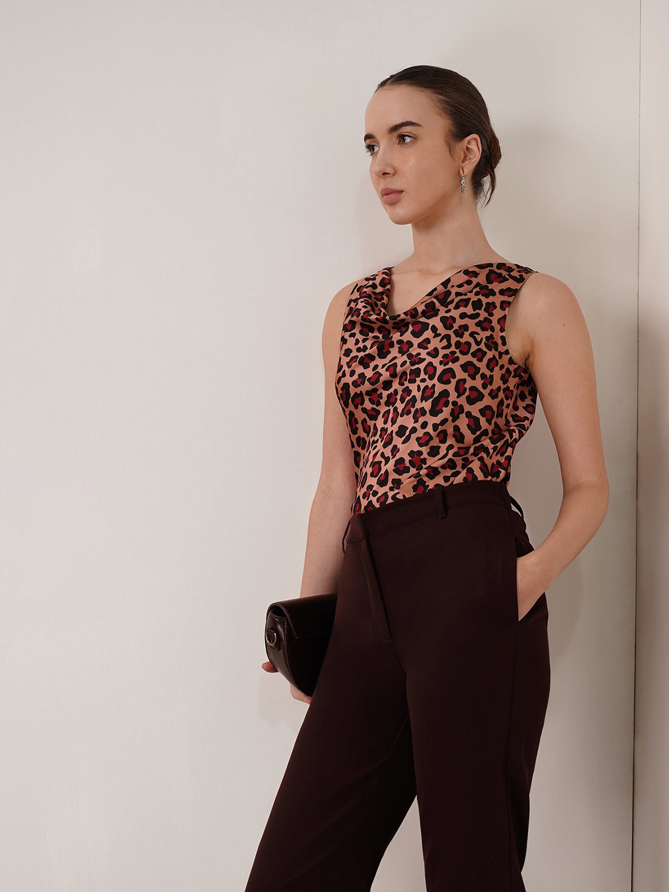 Satin Cowl Neck Top - Brown and Black