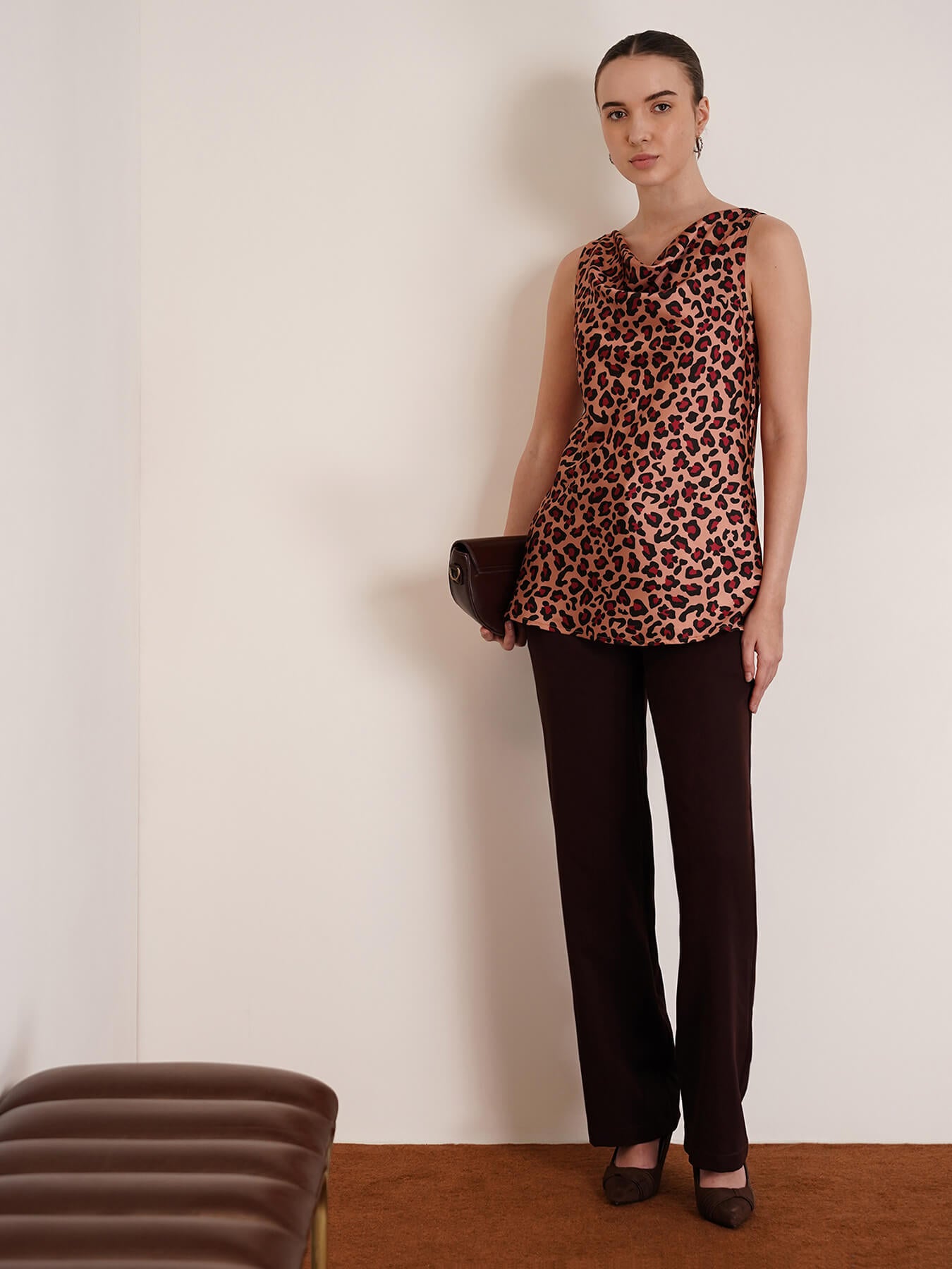 Satin Cowl Neck Top - Brown and Black