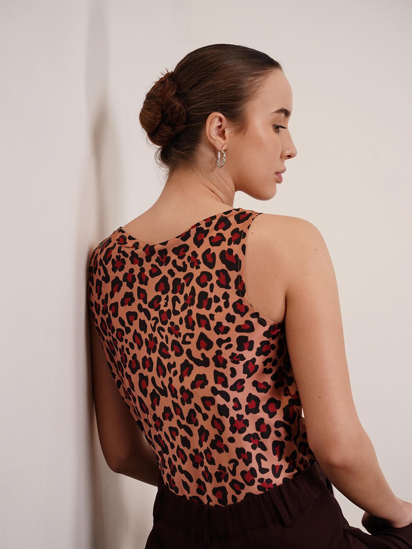 Satin Cowl Neck Top - Brown and Black