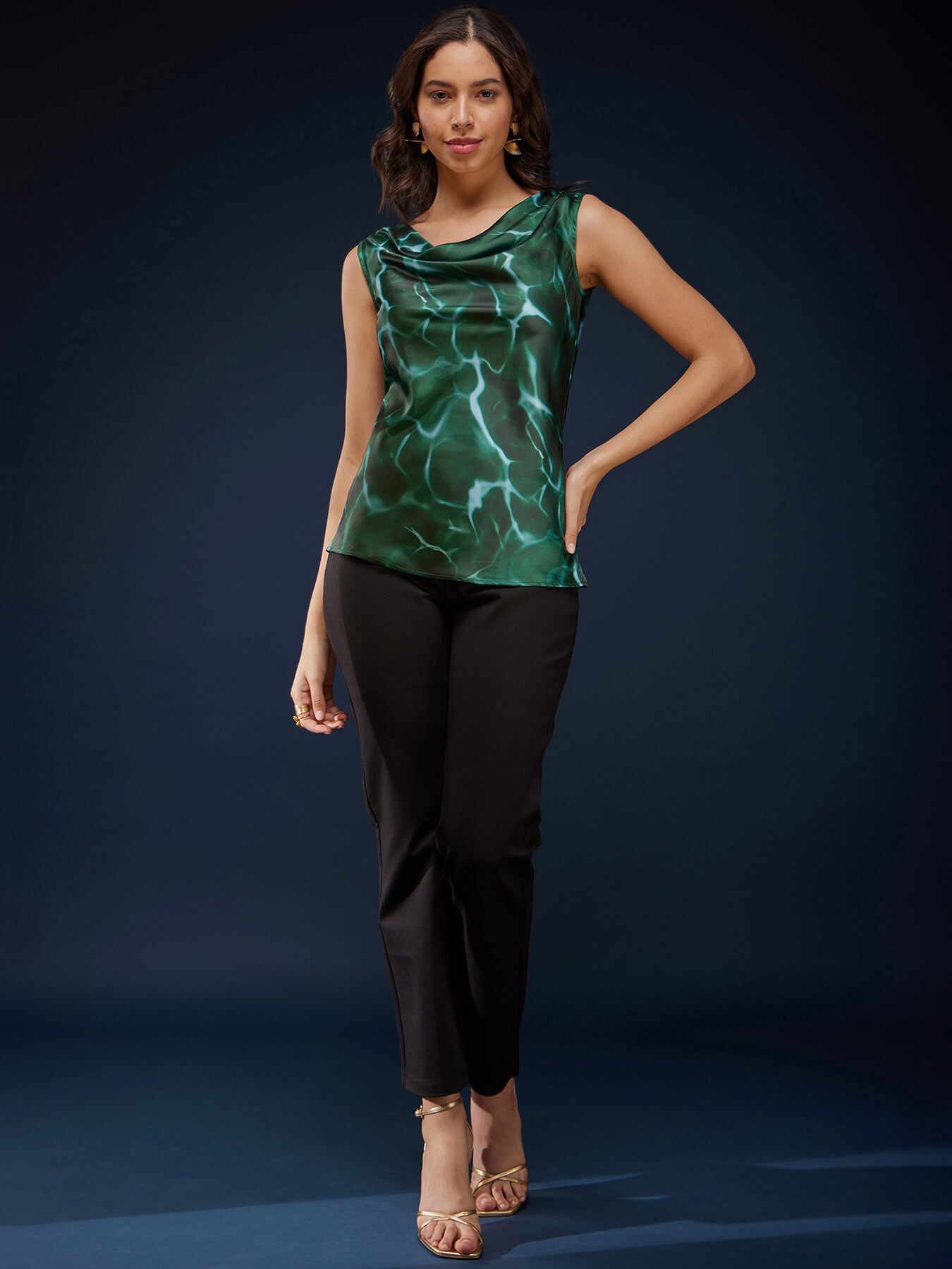 Abstract Print Satin Cowl Neck Top - Green