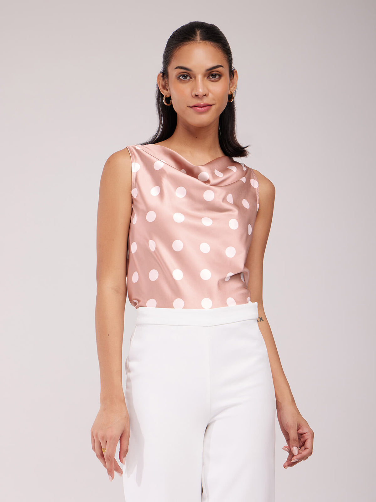 Satin Polka Print Top - Pink And Off White