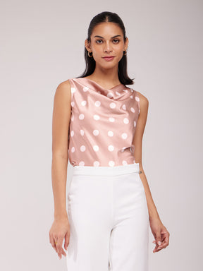 Satin Polka Print Top - Pink And Off White