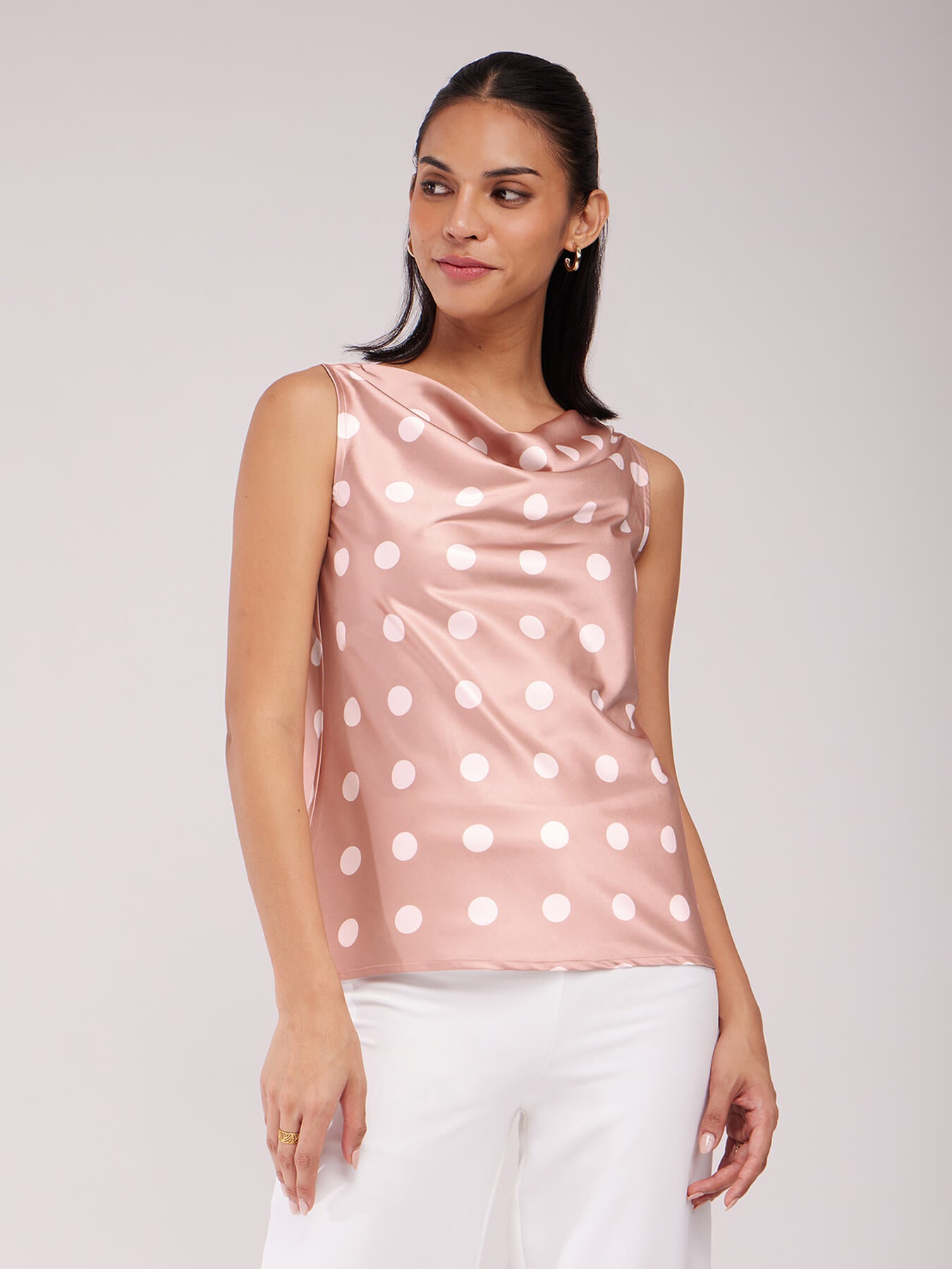 Satin Polka Print Top - Pink And Off White