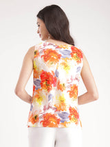 Floral Cowl Neck Top - Orange And Yellow