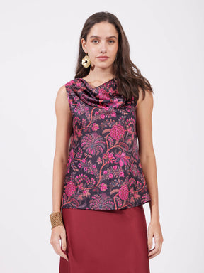 Satin Floral Top - Pink And Black