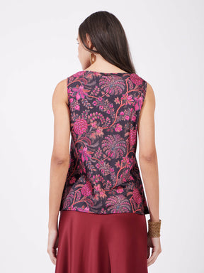 Satin Floral Top - Pink And Black