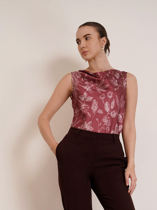 Satin Floral Top - Red And Pink