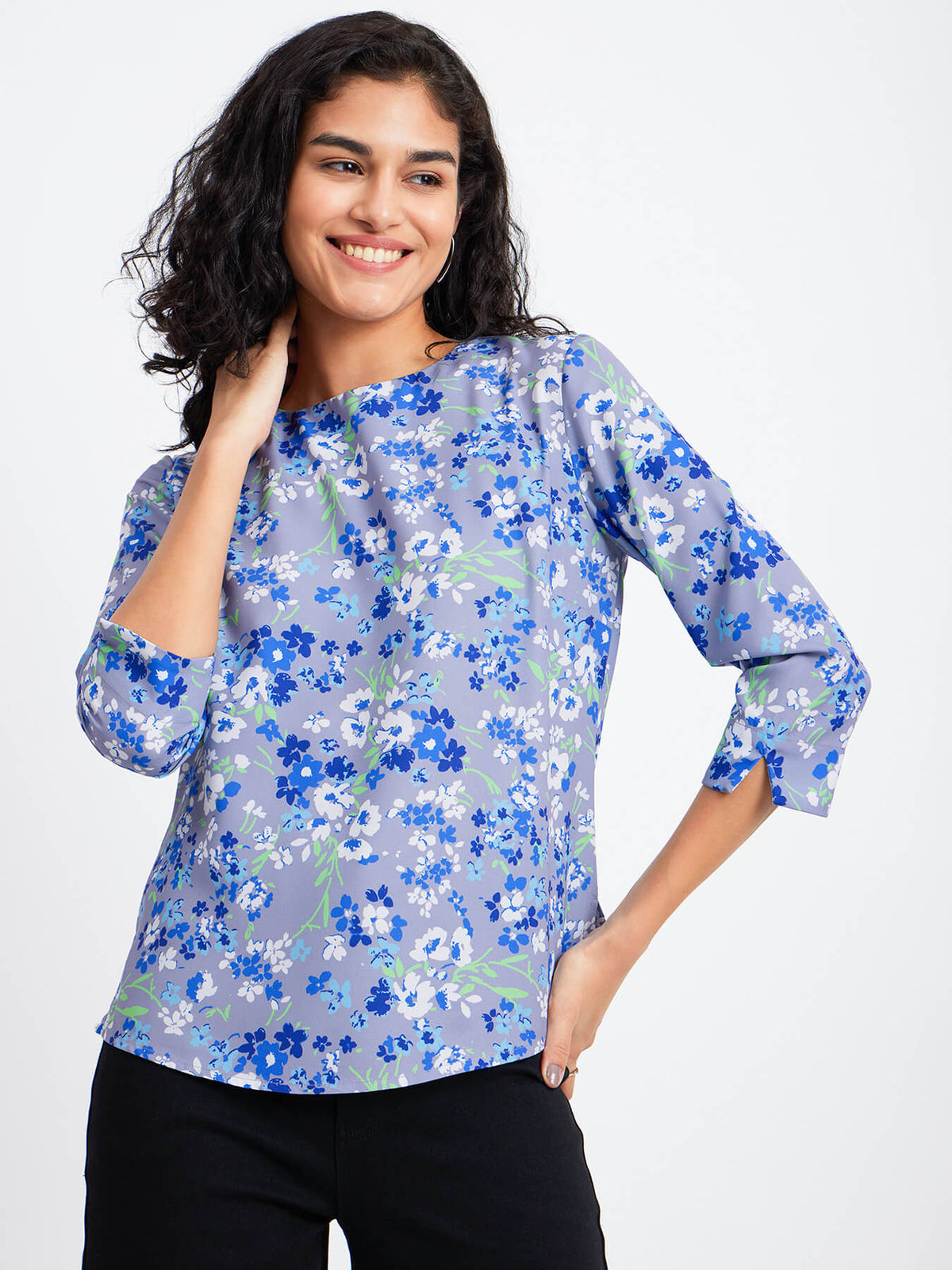 Floral Print Crew Neck Top - Blue