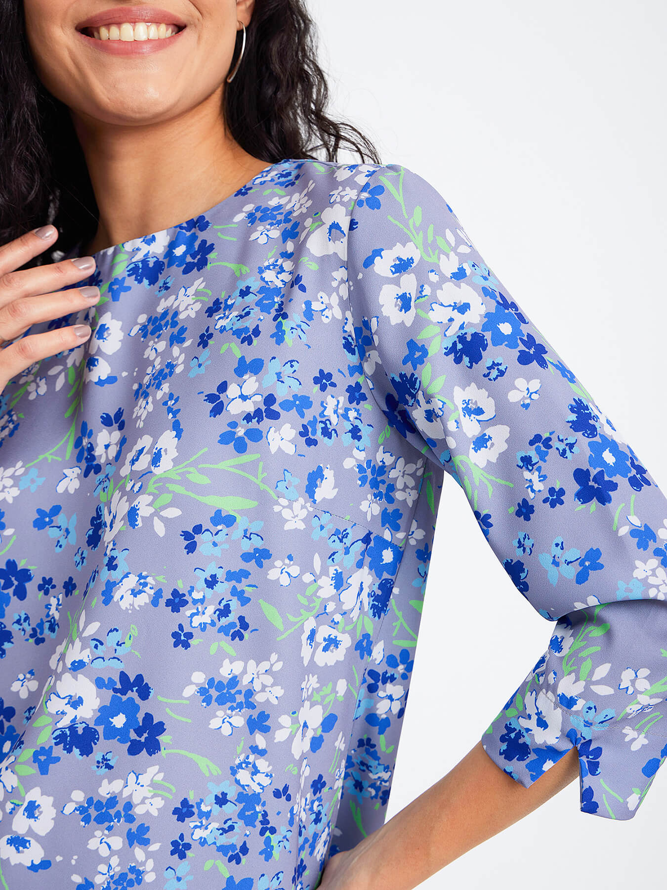 Floral Print Crew Neck Top - Blue