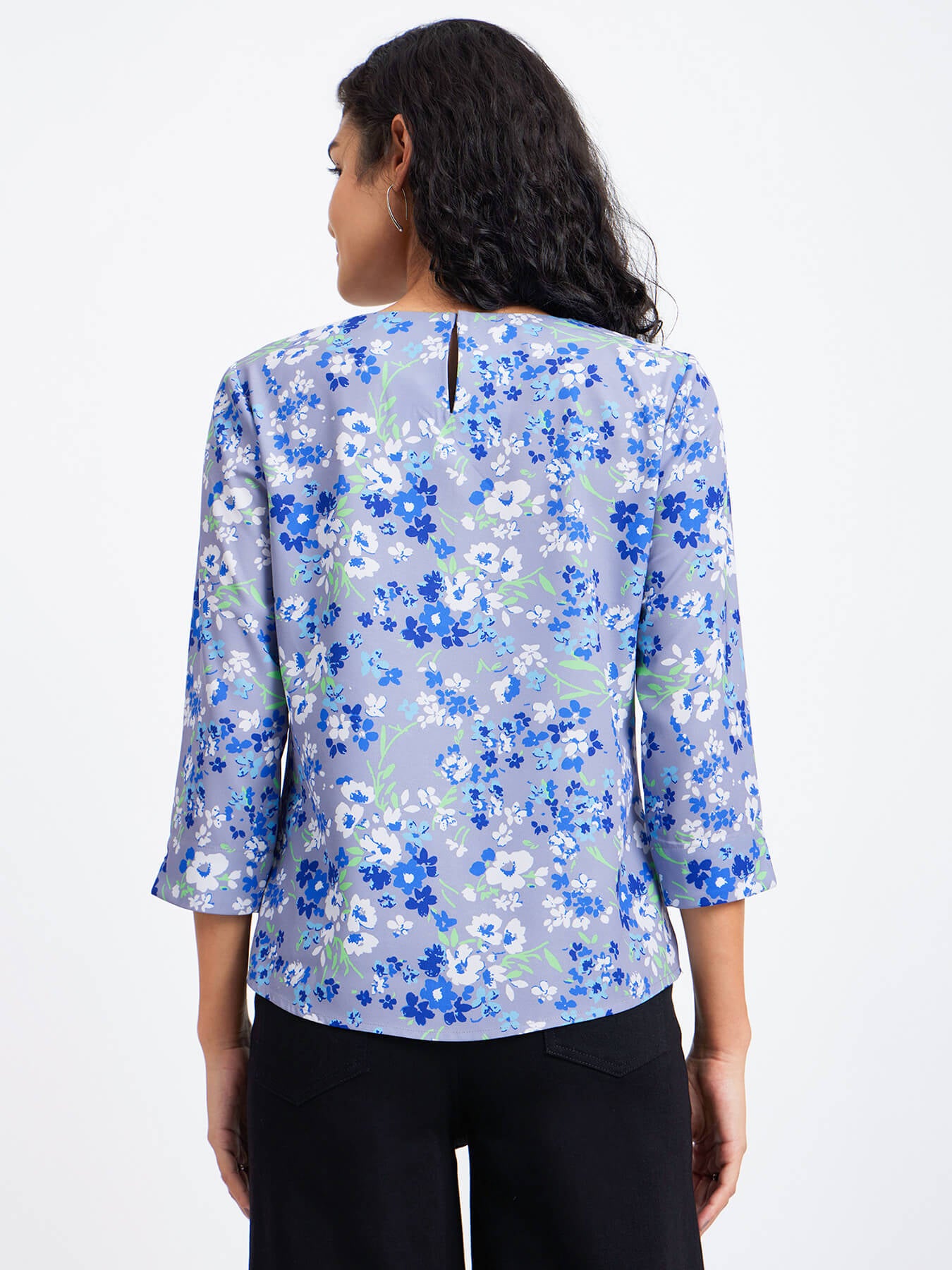 Floral Print Crew Neck Top - Blue