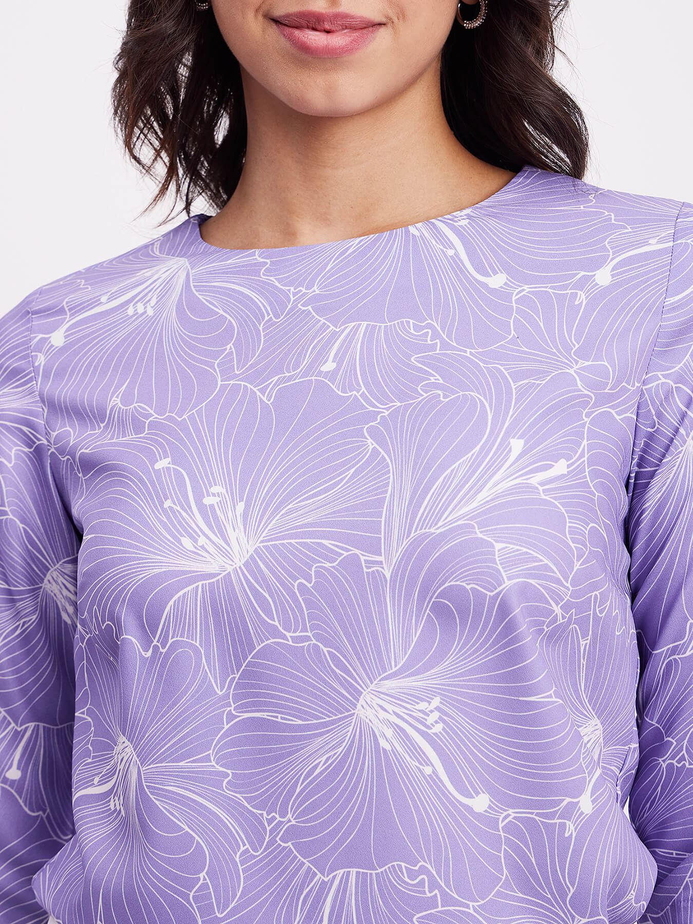 Floral Print Crew Neck Top - Purple