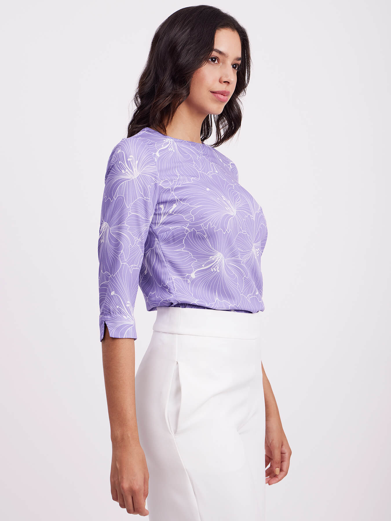 Floral Print Crew Neck Top - Purple