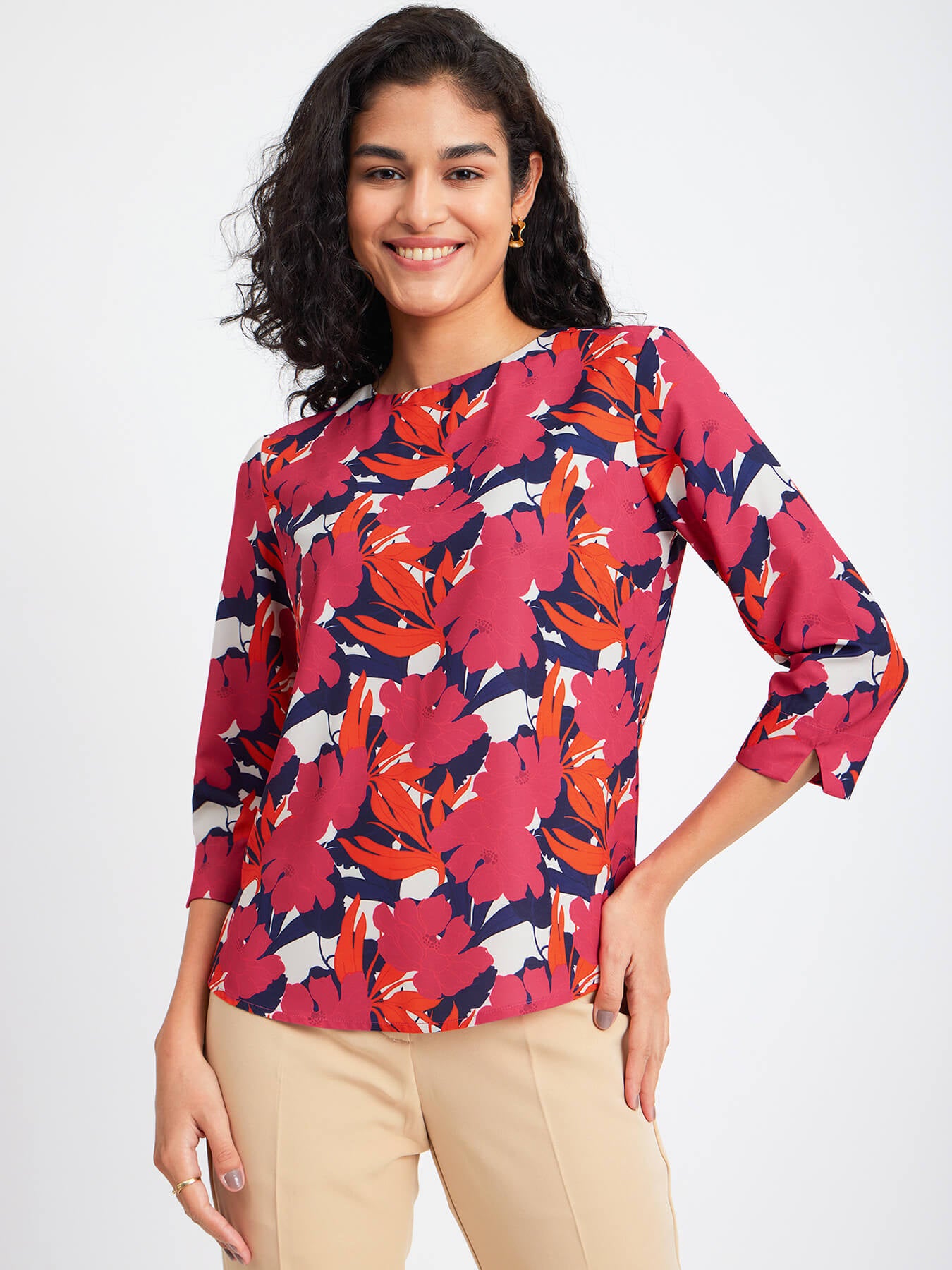 Floral Print Crew Neck Top - Fuchsia And Orange