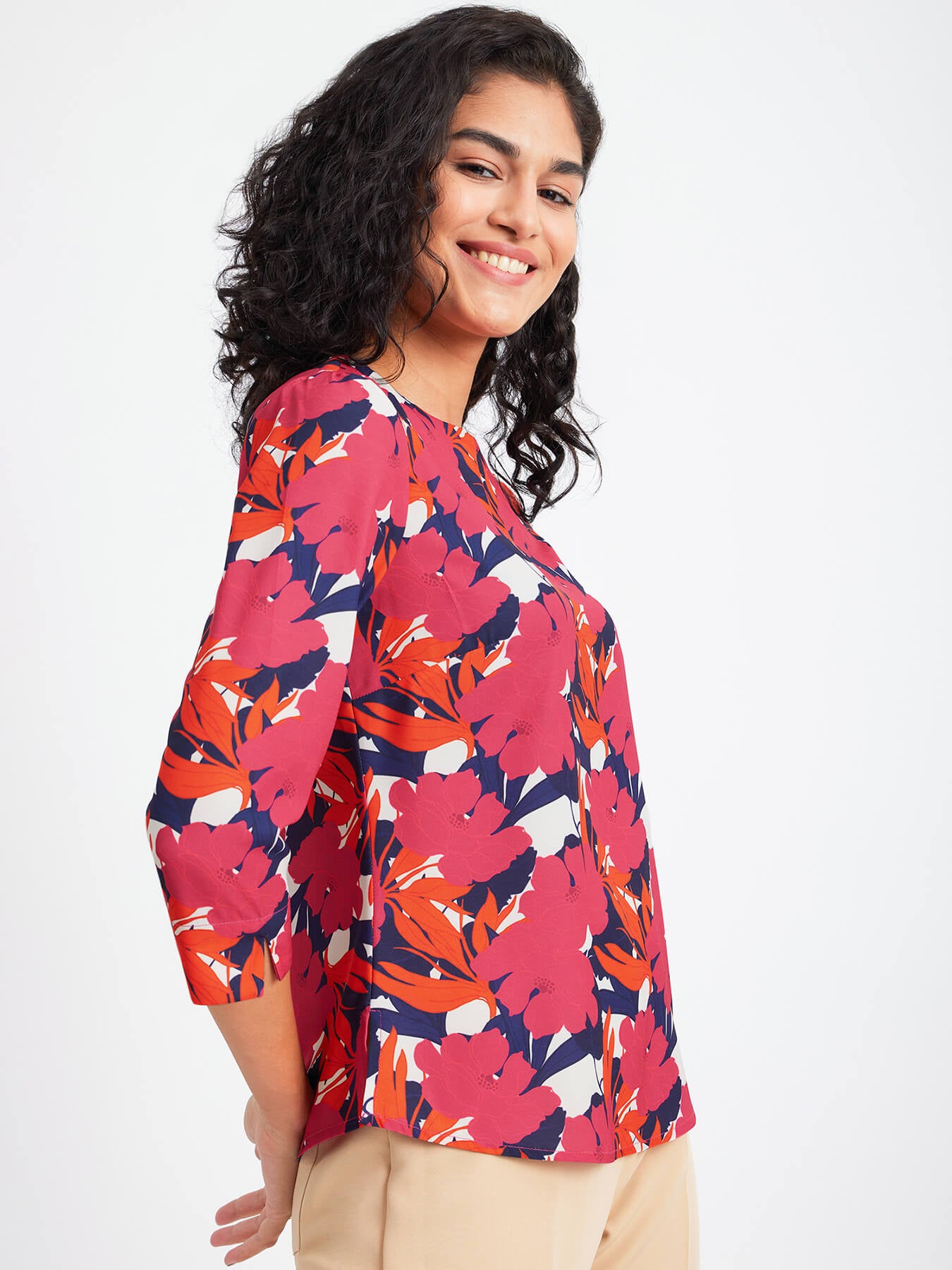 Floral Print Crew Neck Top - Fuchsia And Orange