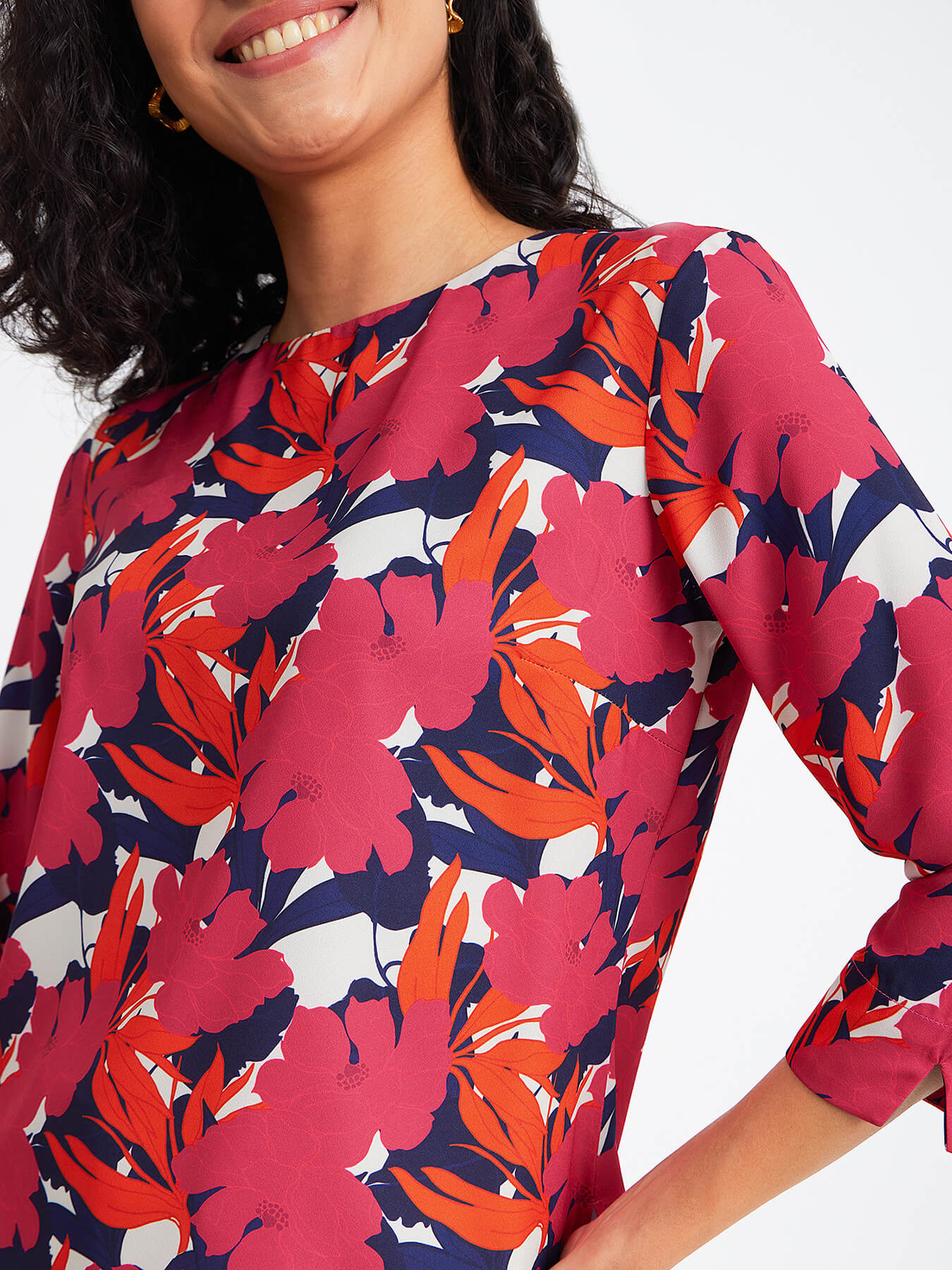 Floral Print Crew Neck Top - Fuchsia And Orange