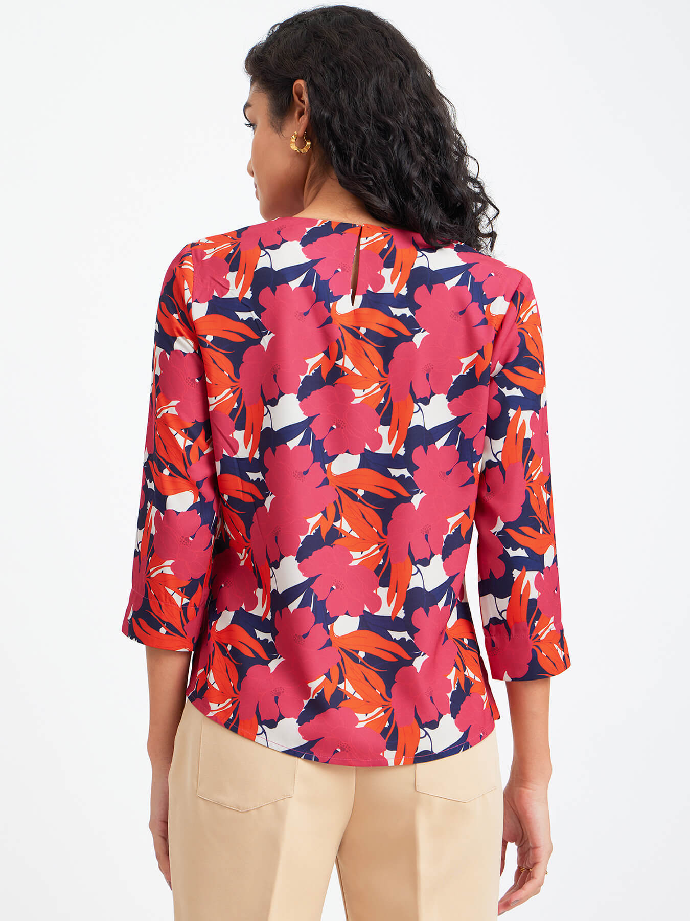 Floral Print Crew Neck Top - Fuchsia And Orange