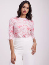 Floral Print Crew Neck Top - White And Pink