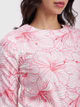 Floral Print Crew Neck Top - White And Pink