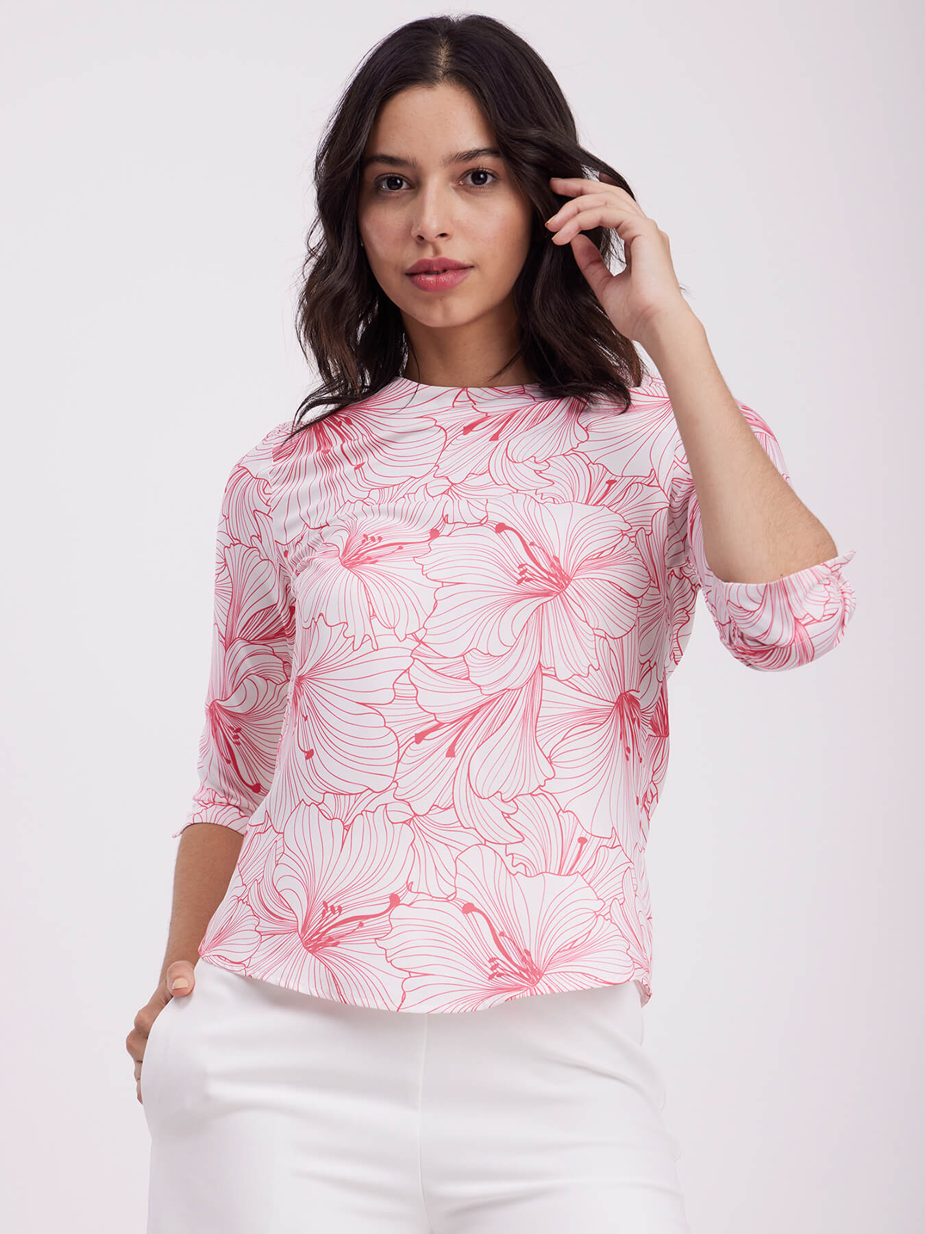 Floral Print Crew Neck Top - White And Pink