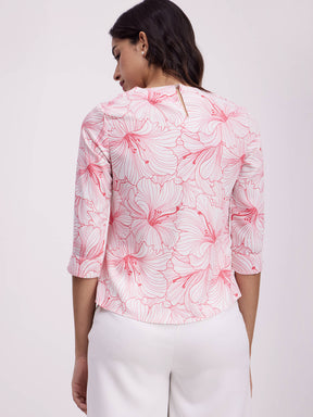 Floral Print Crew Neck Top - White And Pink