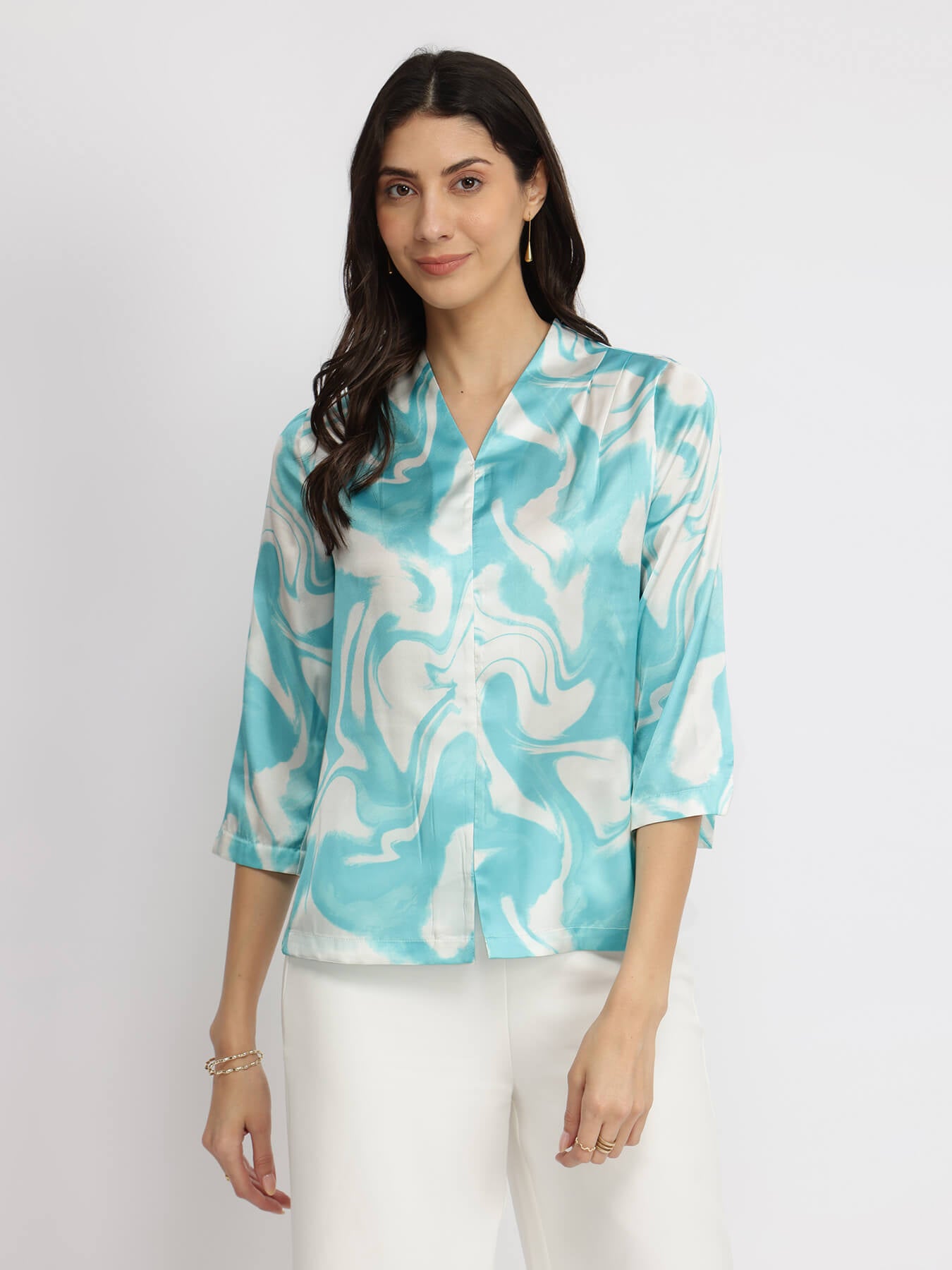 Satin Marble Print Top - Light Blue