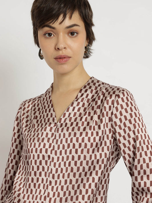 Satin Cutout Detail Top - Brown