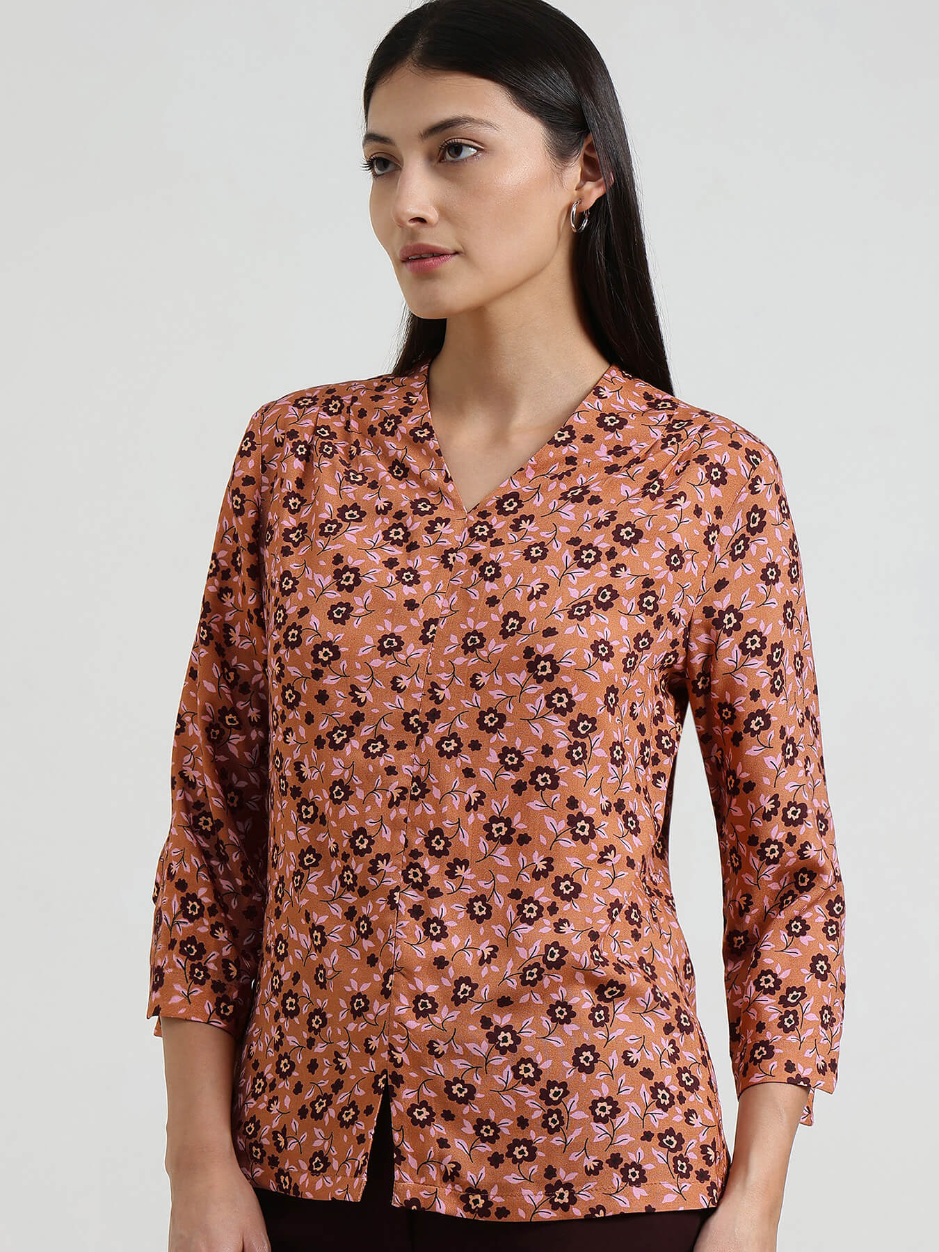 Floral V-Neck Top - Brown
