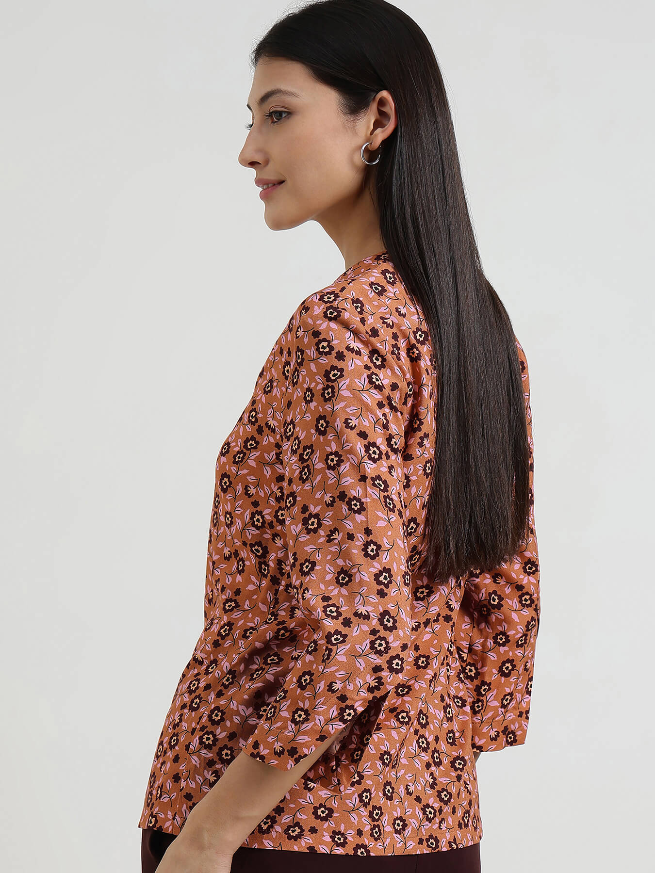 Floral V-Neck Top - Brown