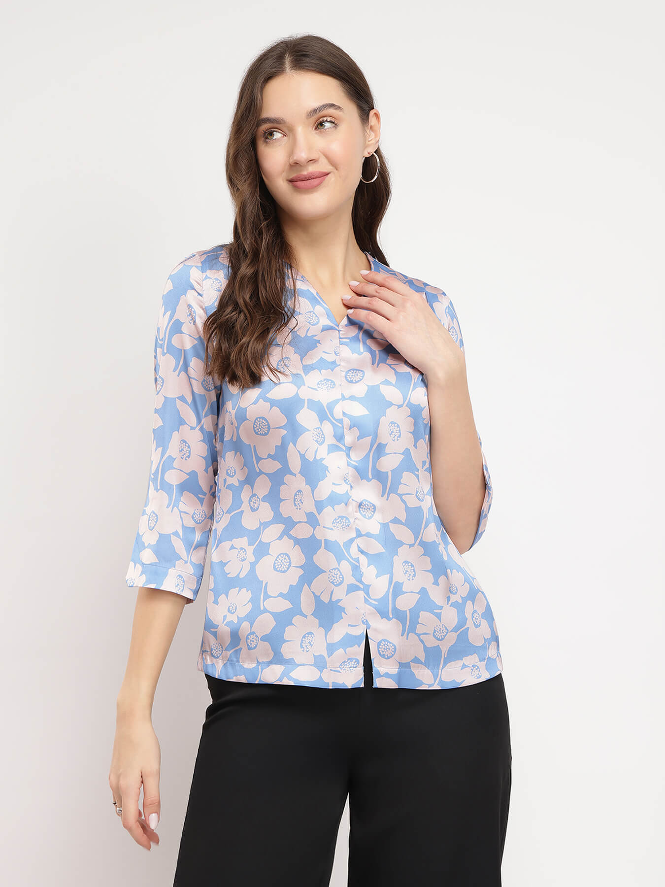 Satin Floral Top - Blue